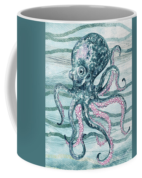 Octopus Coffee Mug featuring the painting Cute Teal Blue Watercolor Octopus On Calm Wave Beach Art by Irina Sztukowski