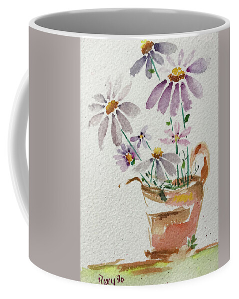 Daisy Coffee Mug featuring the painting Daisies in a Rusty Copper Pitcher by Roxy Rich