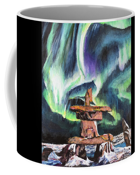 Inukshuk Coffee Mug featuring the painting Dancing Lights - Churchill by Marilyn McNish
