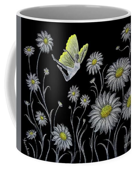  Daisy Coffee Mug featuring the drawing Dancing with Daisies by Yoonhee Ko