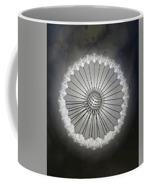 Dandelion Coffee Mug featuring the drawing Dandelion Seed Head Black And White Abstract Rain Droplets by Joan Stratton
