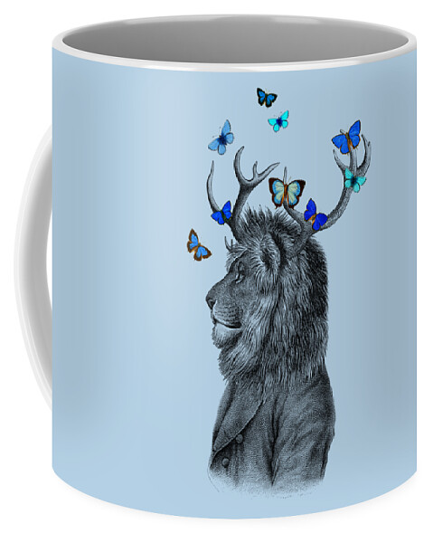 Lion Coffee Mug featuring the digital art Dandy lion with antlers and blue butterflies by Madame Memento