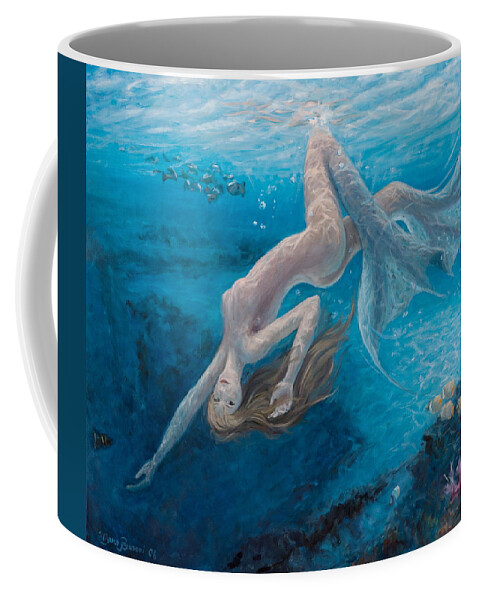 Mermaid Underwater Lady Fish Siren Sexy Water Blue Deep See Ocean Coffee Mug featuring the painting Dangerous invitation by Marco Busoni