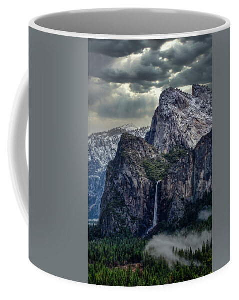 Landscape Coffee Mug featuring the photograph Dark Clouds over Bridalveil Fall by Romeo Victor