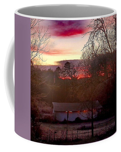 Dawn Pasture Coffee Mug featuring the digital art Dawn Over The Pasture by Pamela Smale Williams