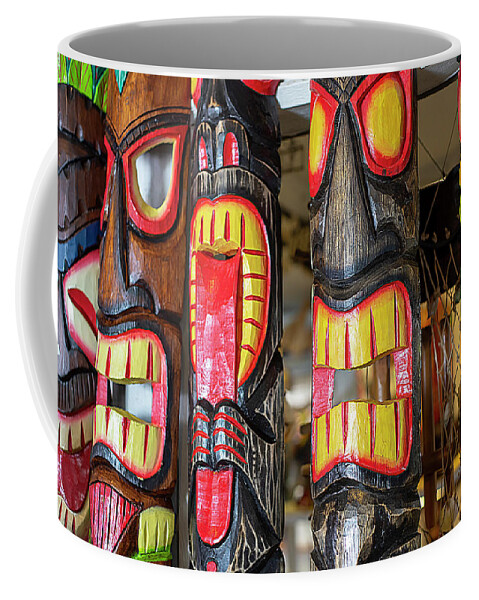 Tiki Mask Coffee Mug featuring the photograph Decorative Tiki Masks by Dart Humeston