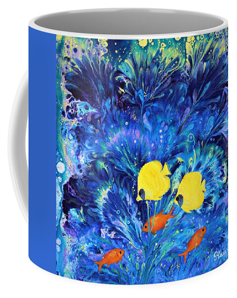 Wall Art Home Decor Deep Ocean Fish Yellow Fish Aquarium Gifts Ocean Sea Fish Sea Acrylic Abstract Painting Pouring Art Fluid Painting Acrylic Pouring Technique Art Red Fish Seaweed Coffee Mug featuring the painting Deep Ocean by Tanya Harr
