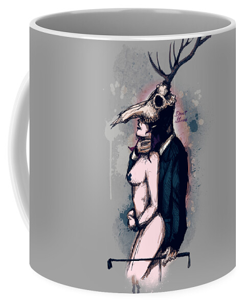 Deer Coffee Mug featuring the drawing Deer Daddy Series 1 Dont Be Scared by Ludwig Van Bacon