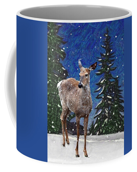 Nature Coffee Mug featuring the mixed media Deer in Snow by Judy Cuddehe