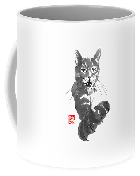 Cat Coffee Mug featuring the drawing Demanding Cat by Pechane Sumie