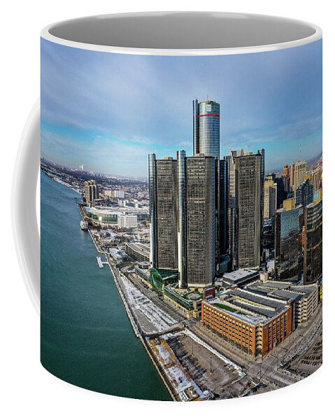Detroit Coffee Mug featuring the photograph Detroit Ren Cen DJI_0475 by Michael Thomas