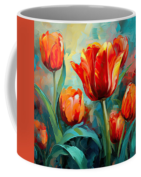 Red Tulips Coffee Mug featuring the digital art Devotion To One's Love - Red Tulips Painting by Lourry Legarde