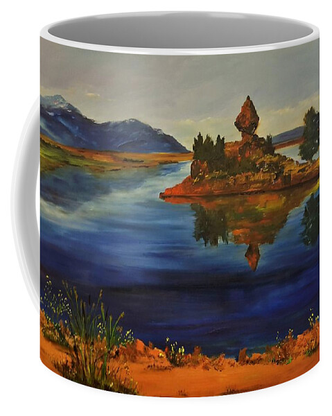 Diamond Point Coffee Mug featuring the painting Diamond Point Ennis Lake   4620 by Cheryl Nancy Ann Gordon