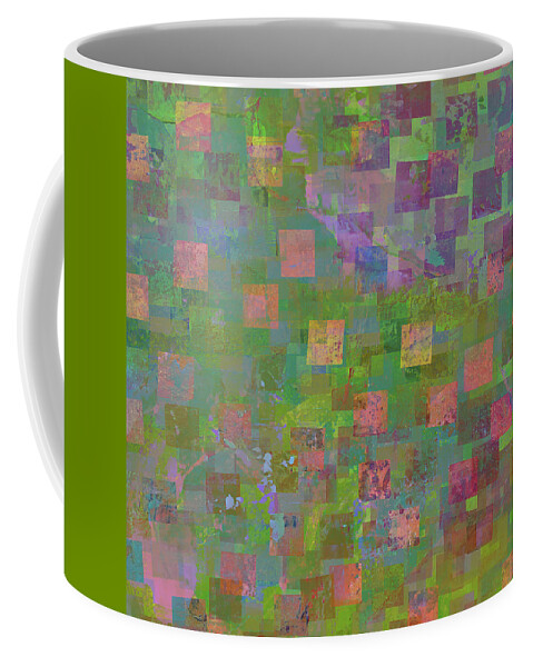 Dimensional Coffee Mug featuring the painting DIMENSIONAL GARDEN Abstract Squares Green Pink Purple by Lynnie Lang