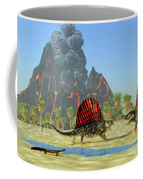 Dimetrodon Coffee Mug featuring the digital art Dimetrodon Dinosaur Fight by Corey Ford