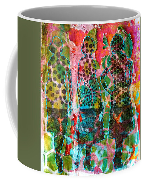 Woman Women Female Artist Contemporary Art Modern Art Sewing On Art Bee Bees Hive Stitching Pink Teal Blue Collage Tissue Paper  Coffee Mug featuring the mixed media Divine Passions Fashions by Kasey Jones