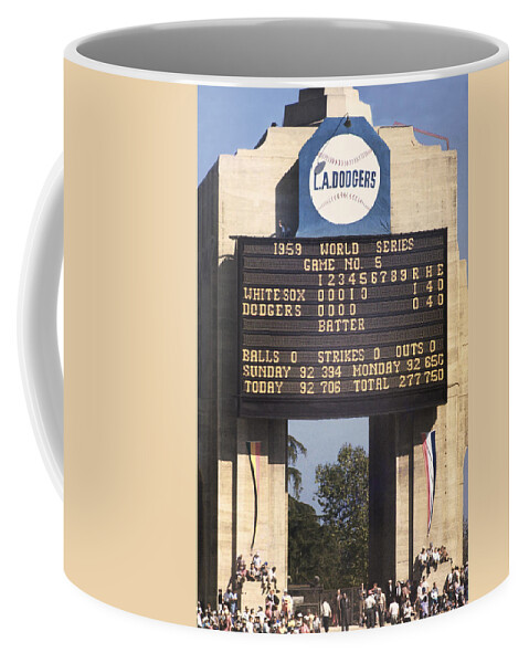 Dodgers Coffee Mug featuring the photograph Dodgers White Sox World Series Scoreboard 1959 by Paul Plaine