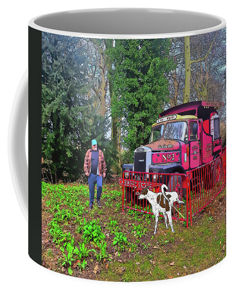 Antique Coffee Mug featuring the mixed media Dog Weeing on Antique Truck Exhibit Comic Book Style by Shelli Fitzpatrick