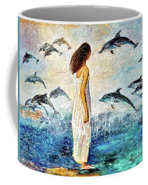 Dolphin Coffee Mug featuring the painting Dolphin Bay by Shijun Munns