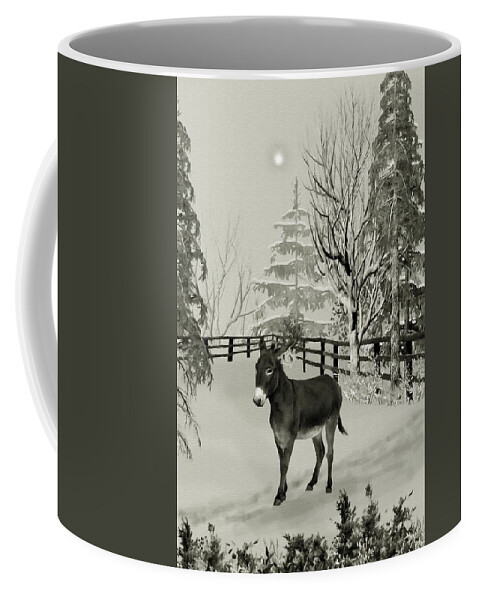 Donkey Coffee Mug featuring the mixed media Donkey In The Winter Corral B W by David Dehner