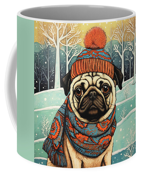 Pug Coffee Mug featuring the digital art Dougie the Pug in Winter by Peggy Collins