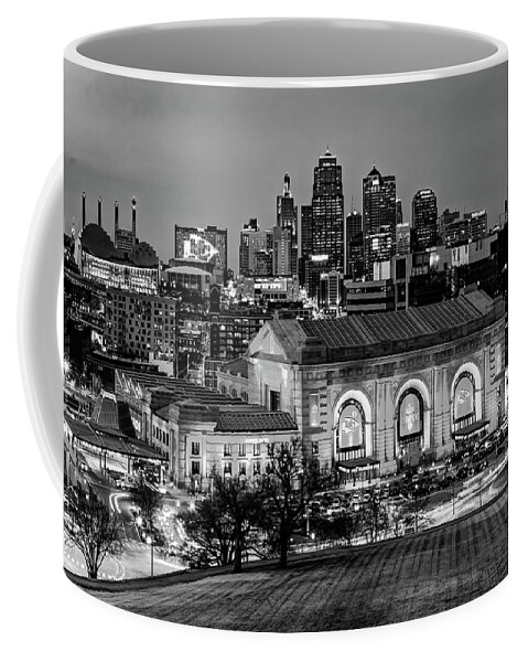 Kansas City Chiefs Coffee Mug featuring the photograph Downtown Kansas City Over Union Station With Chiefs Banners - Monochrome Edition by Gregory Ballos