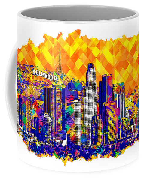 Los Angeles Coffee Mug featuring the digital art Downtown Los Angeles skyline with the Hollywood sign in the background - colorful digital painting by Nicko Prints