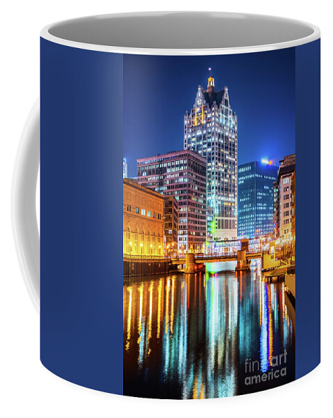 2017 Coffee Mug featuring the photograph Downtown Milwaukee River Cityscape at Night Photo by Paul Velgos