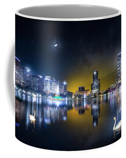 Ake Eola Coffee Mug featuring the photograph Downtown Orlando Sunset and Crescent Moon by Mark Andrew Thomas