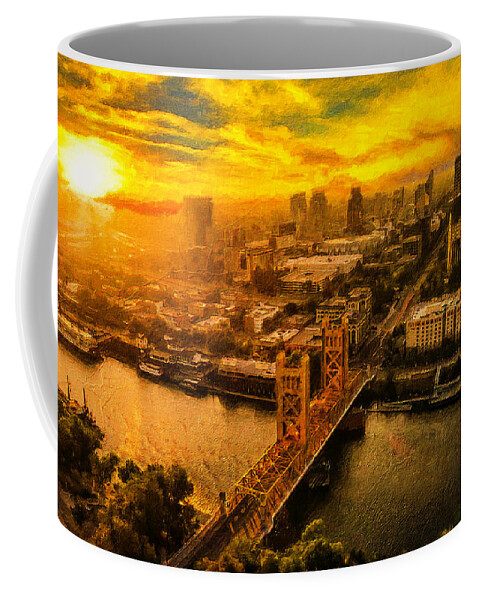 Sacramento Coffee Mug featuring the digital art Downtown Sacramento and Tower Bridge at sunset - digital painting by Nicko Prints