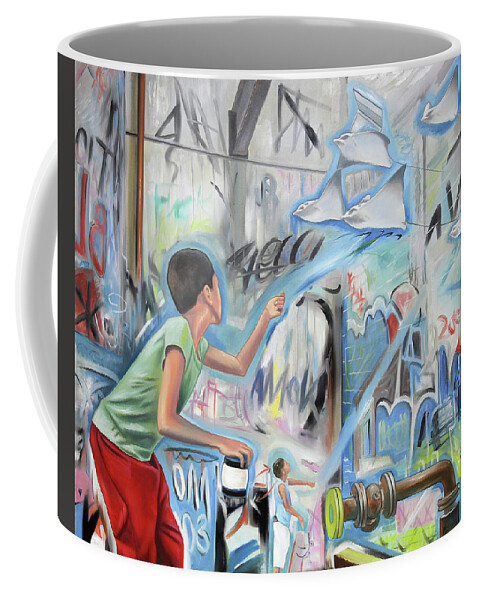 Kite Runner Coffee Mug featuring the painting Kite Runners - by Uwe Fehrmann