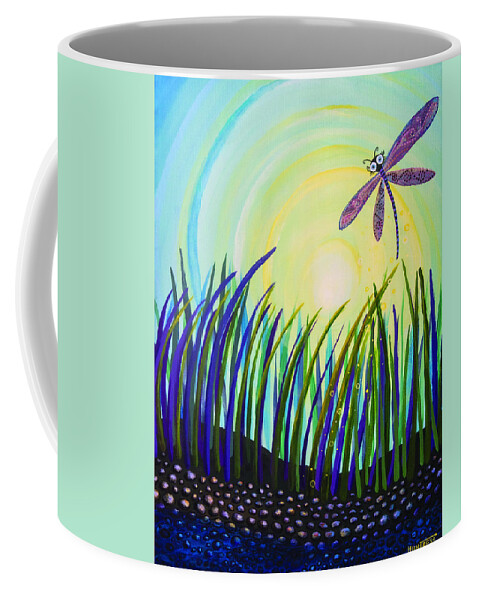Dragon Fly Coffee Mug featuring the painting Dragonfly at the Bay III by Mindy Huntress
