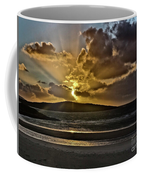 Dramatic Sunset Blue Yellow Round Sun Rays Glen Water Sea Mountain Beautiful Magnificent Stunning Serenity Solitary Nature Powerful Clouds Sky Shining Scotland Harris Highlands Mountains Setting Landscape Panorama Panoramic Breathtaking Spectacular Exciting Mindfulness Relaxing Artistic Unwinding Stylish Exceptional Singular Memorable Phenomenal Eccentric Awesome Electrifying Stimulating Intoxicating Sensational Thrilling Splendid Atmospheric Aesthetic Charming Outer Hebrides Fantastic Magical Coffee Mug featuring the photograph Dramatic sunset at sea and mountains by Tatiana Bogracheva
