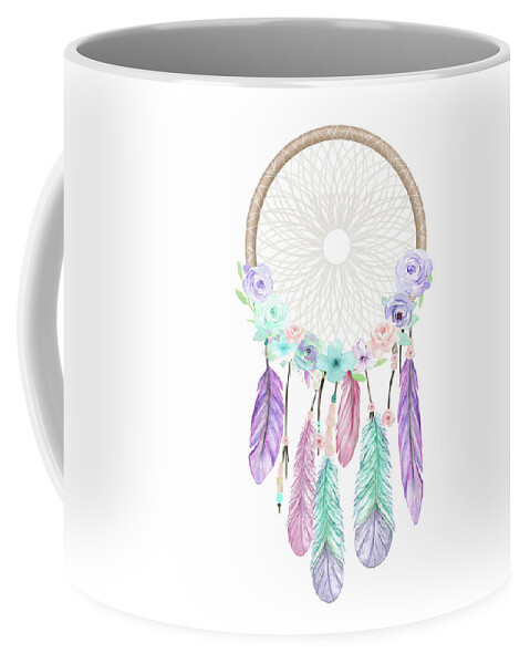 Dreamcatcher Coffee Mug featuring the digital art Dreamcatcher Tribal Rainbow Feather by Pink Forest Cafe
