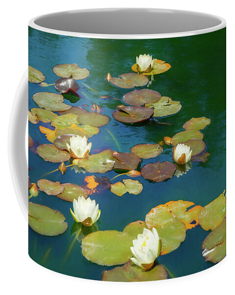 Water Lily Coffee Mug featuring the photograph Dreamy Water Lilies on Pond by Bonnie Follett
