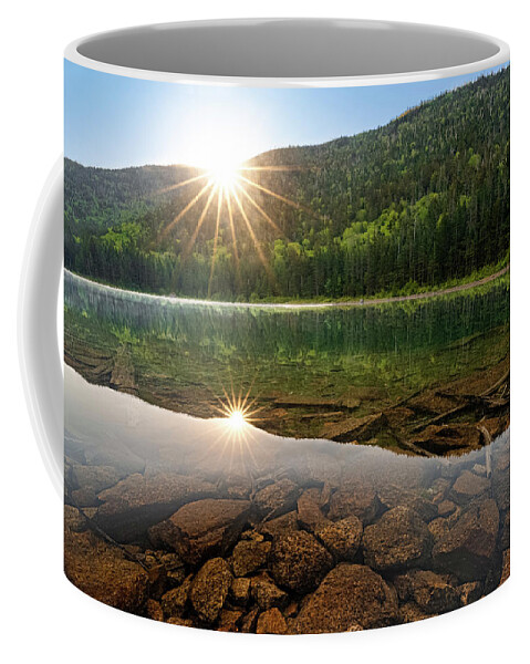 Mountain Coffee Mug featuring the photograph Dual Sunburst Sunrise at East Pond in the White Mountain National Forest by William Dickman
