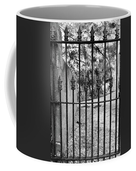 Dubignon Cemetery Gate Jekyll Island Black And White 2 Georgia Coffee Mug featuring the photograph DuBignon Cemetery Gate Jekyll Island Georgia Black And White 2 by Lisa Wooten