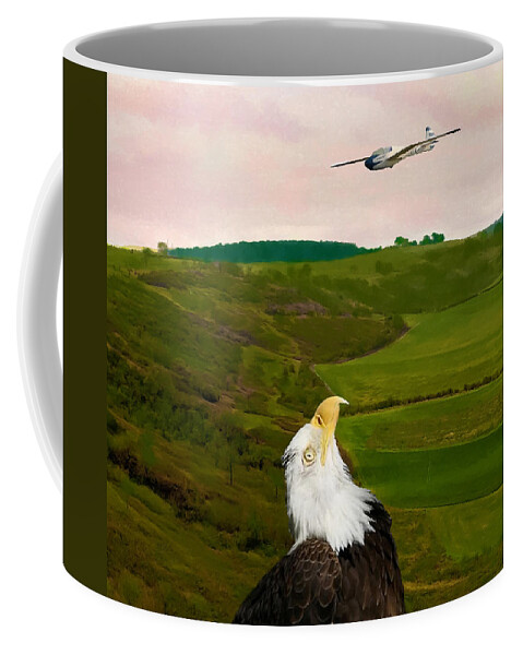 Eagle Coffee Mug featuring the photograph Eagle Watches Unusual Bird Fly Over Her Habitat by Sandi OReilly