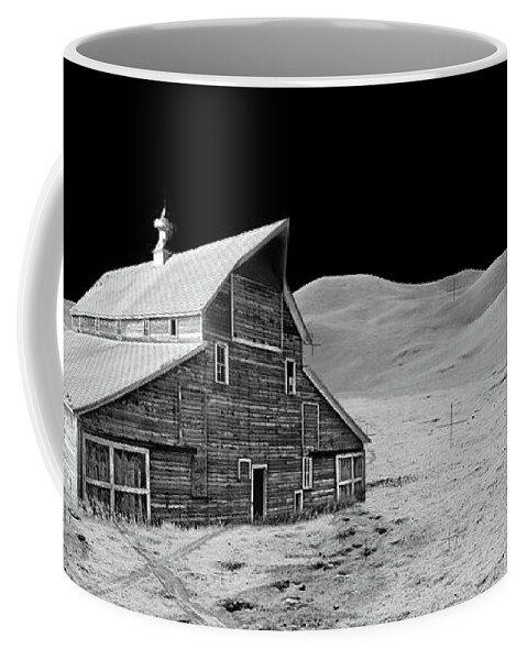 Apollo Coffee Mug featuring the photograph Earthrise over a Dakota Moonstead - ND barn relocated to Apollo 15 landing site on moon by Peter Herman