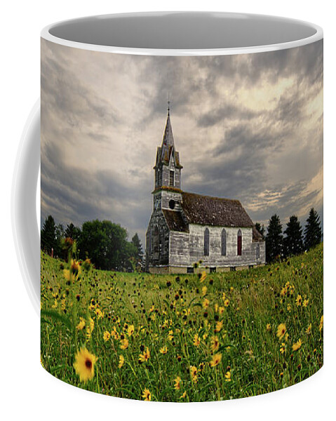  Coffee Mug featuring the photograph East Norway Lutheran Church in Nelson County ND - abandoned church with wildflowers by Peter Herman