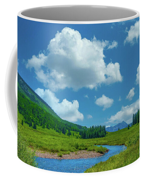 Calm Coffee Mug featuring the photograph East River at Crested Butte, Mountain River Winding Through Lush Green Pasture by Tom Potter