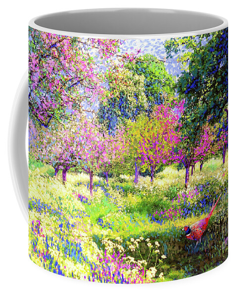 Floral Coffee Mug featuring the painting Echoes from Heaven, Spring Orchard Blossom and Pheasant by Jane Small