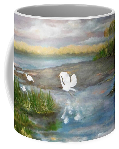 Nature Coffee Mug featuring the painting Egrets in the Everglades by Jacqueline Whitcomb