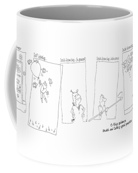 Pandemic Coffee Mug featuring the drawing Eight in a line OFishy PANDEMIC guidelines by Paul Davenport