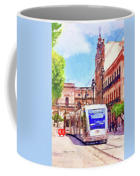 Tram Coffee Mug featuring the mixed media Electric tram Seville, Spain by Tatiana Travelways