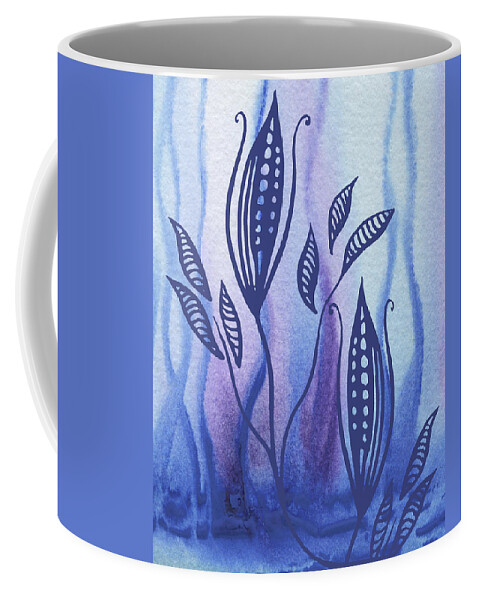 Floral Pattern Coffee Mug featuring the painting Elegant Pattern With Leaves In Blue And Purple Watercolor II by Irina Sztukowski