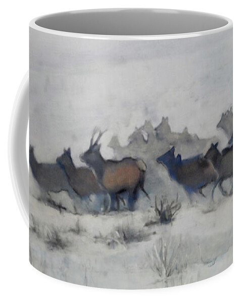 Elk Coffee Mug featuring the painting Elk Migration, 2019 by PJ Kirk