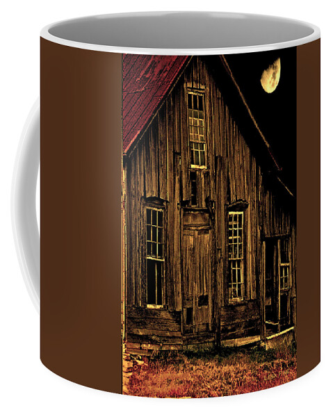 Building Coffee Mug featuring the mixed media Elora Shacks Moon by Lesa Fine