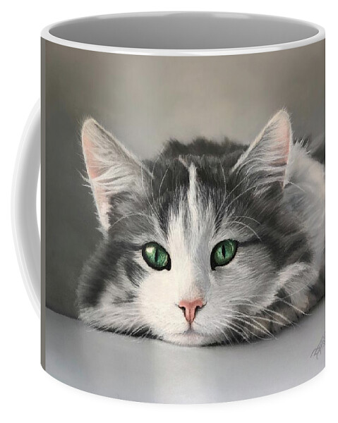 Cat Coffee Mug featuring the pastel Emerald Eyes by Marlene Little