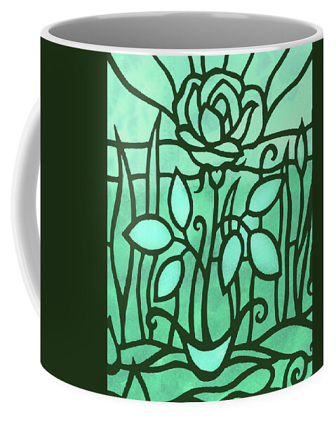 Rose Coffee Mug featuring the painting Emerald Green Rose Garden Flower Stained Glass Tiffany Style Mosaic by Irina Sztukowski